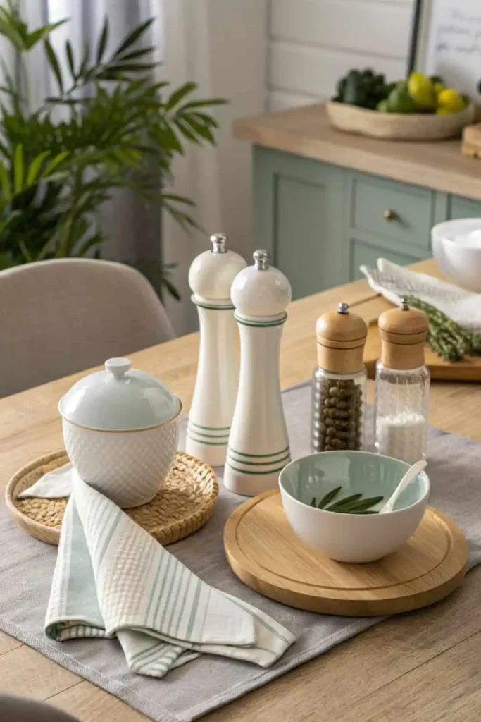 A wooden kitchen table styled with functional yet decorative items, including modern salt and pepper shakers, a ceramic napkin holder, and a serving bowl, arranged neatly in natural daylight for a practical and stylish look.