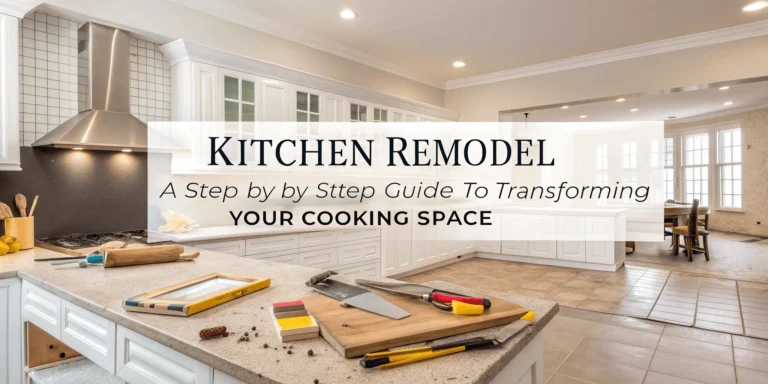 Realistic photo of a modern kitchen mid-remodel with renovation tools on the counter and a bright finished kitchen visible in the background, showing transformation in progress.