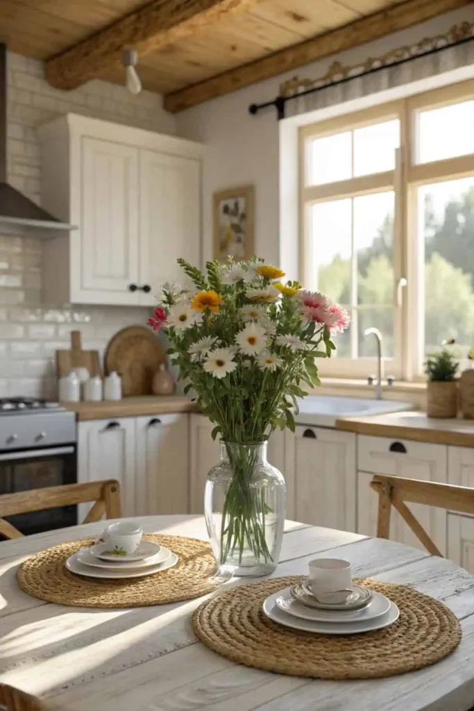 A cozy kitchen table with a simple focal point centerpiece
