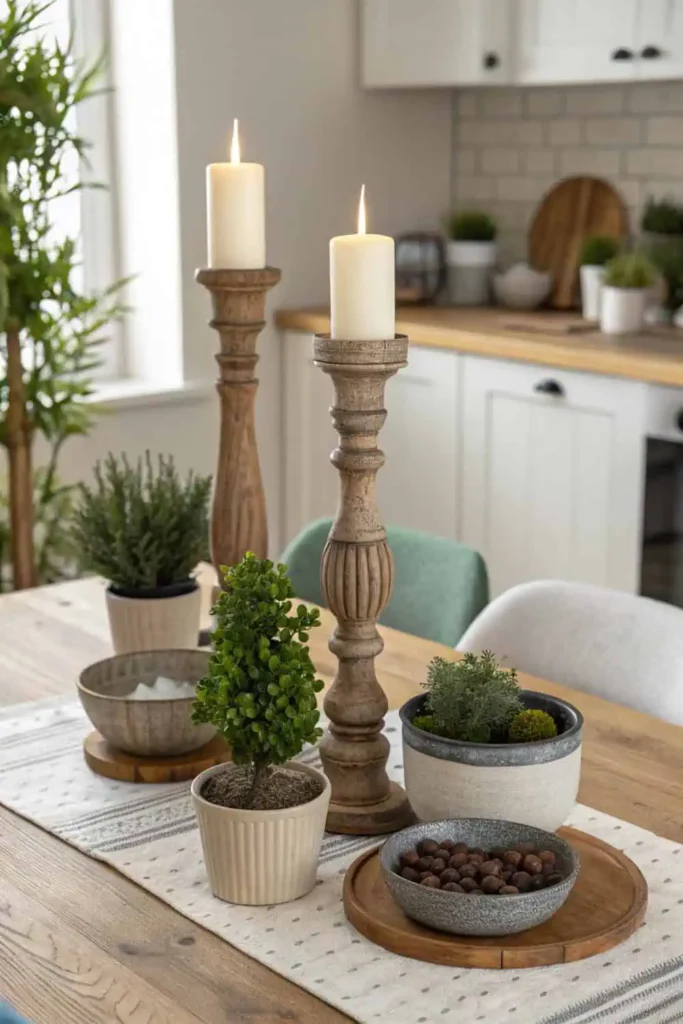 A kitchen table styled with varied heights and textures, featuring tall candlesticks, small potted plants, and ceramic bowls, creating depth and visual interest in a warm, cozy dining space with natural light.