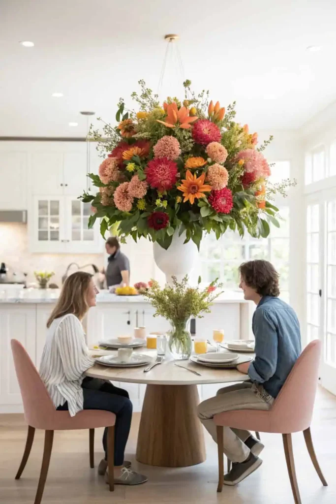 A dining table with an oversized floral centerpiece that blocks the view between people sitting across from each other, making conversation difficult, styled in a bright kitchen setting.