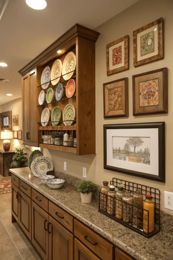 Modern kitchen with wooden floating shelves, framed artwork, rustic wall clock, and decorative plates on the wall, styled with jars and plants under natural light for a cozy farmhouse-modern look.