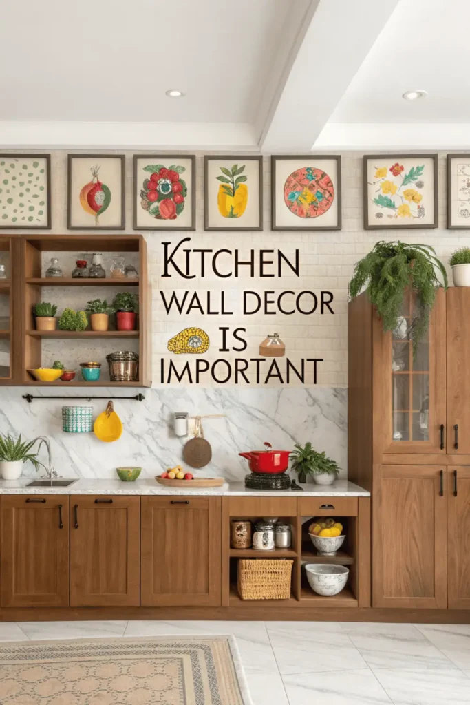 Bright, welcoming kitchen with wall decor that includes floating shelves, framed signs, and potted greenery, showing how decor adds warmth, personality, and charm to the cooking space.