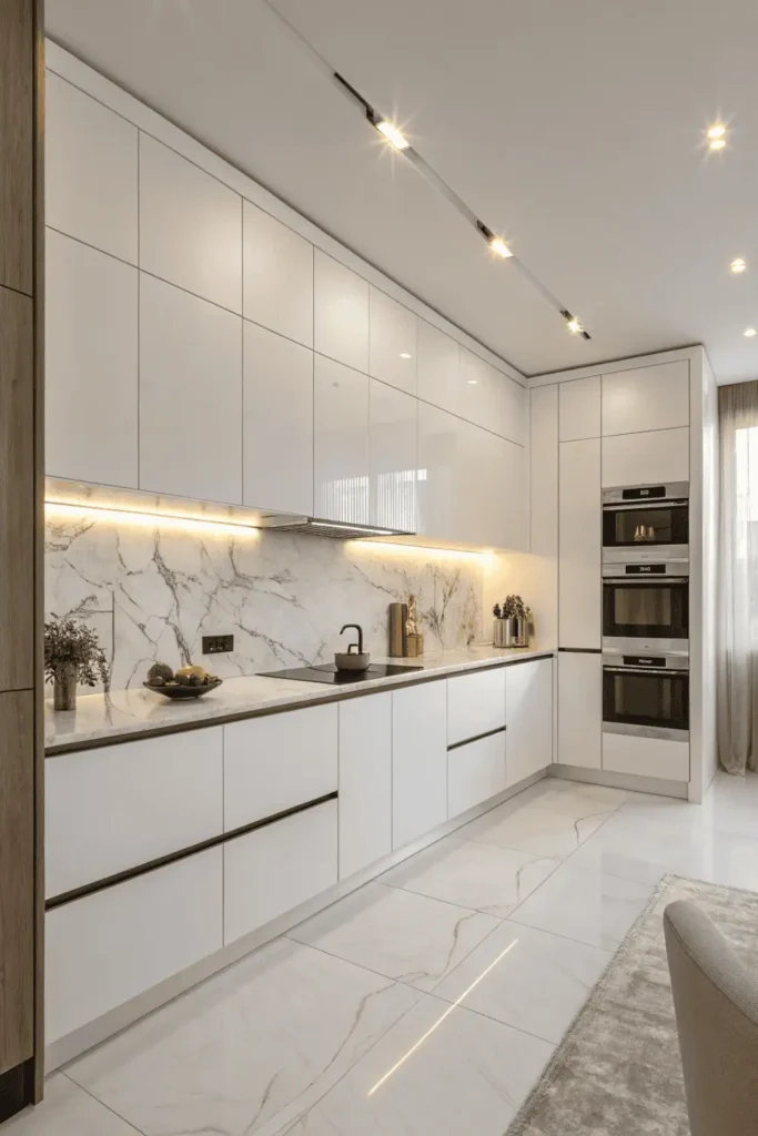 Sleek minimalist modern kitchen cabinets with handleless doors in white matte finish.