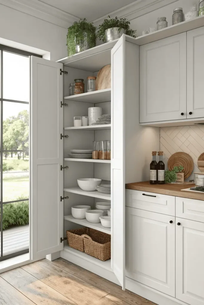 Clean and minimal kitchen shelves ready for decoration