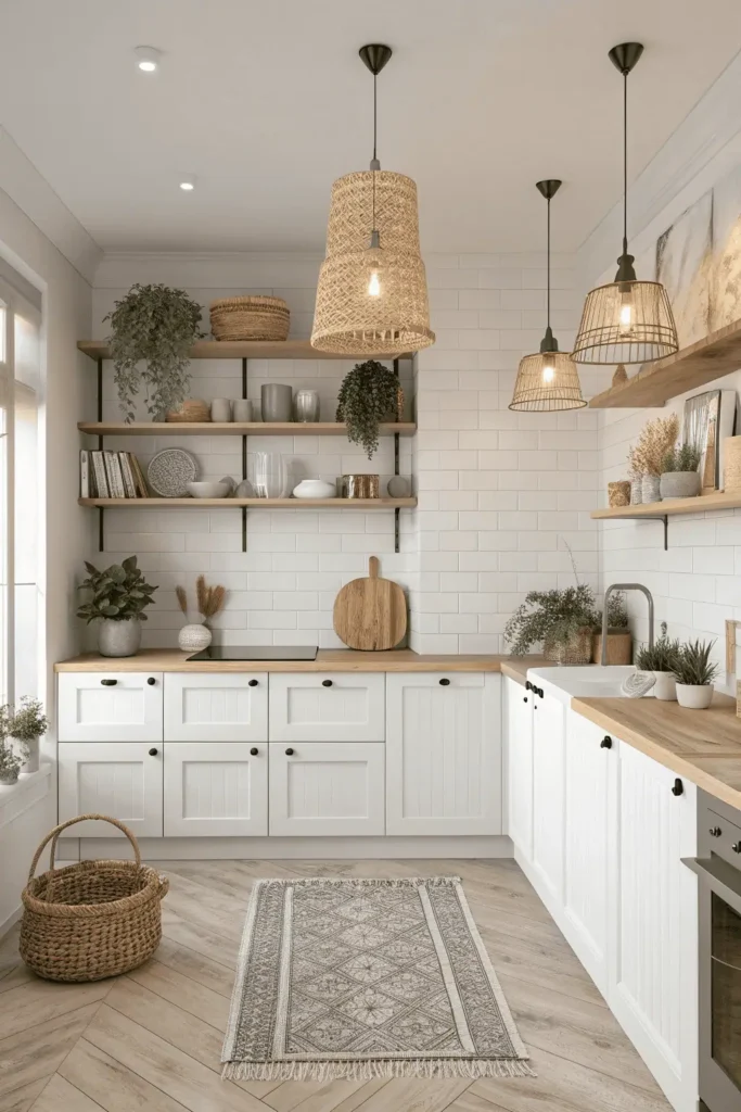 Scandinavian style kitchen with white cabinets and wooden accents