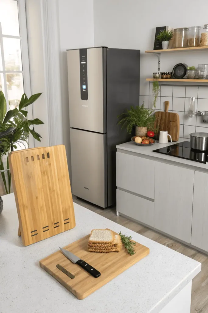 Smart fridge, bamboo board, and smart lighting in a modern kitchen.