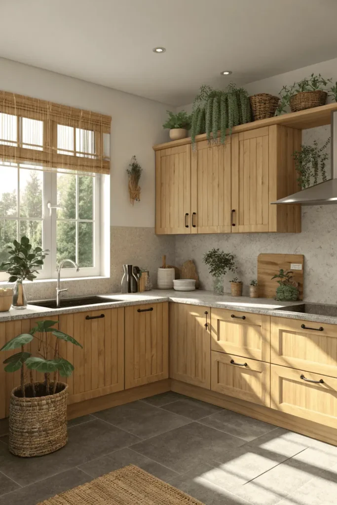 Modern eco-friendly bamboo kitchen cabinets with minimalist design.