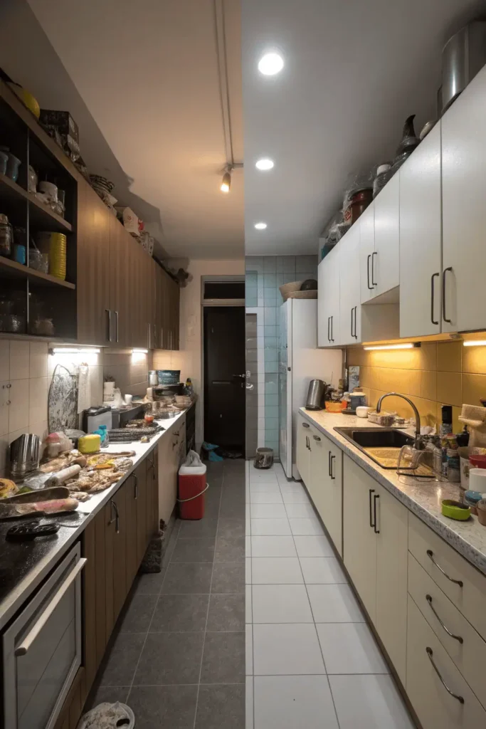 Cluttered kitchen with mismatched colors and poor lighting mistakes