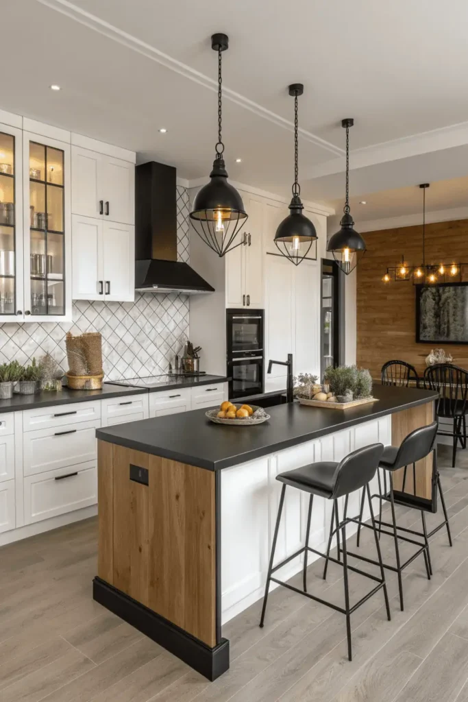 Modern kitchen with textured cabinet finishes in matte and glossy mix.