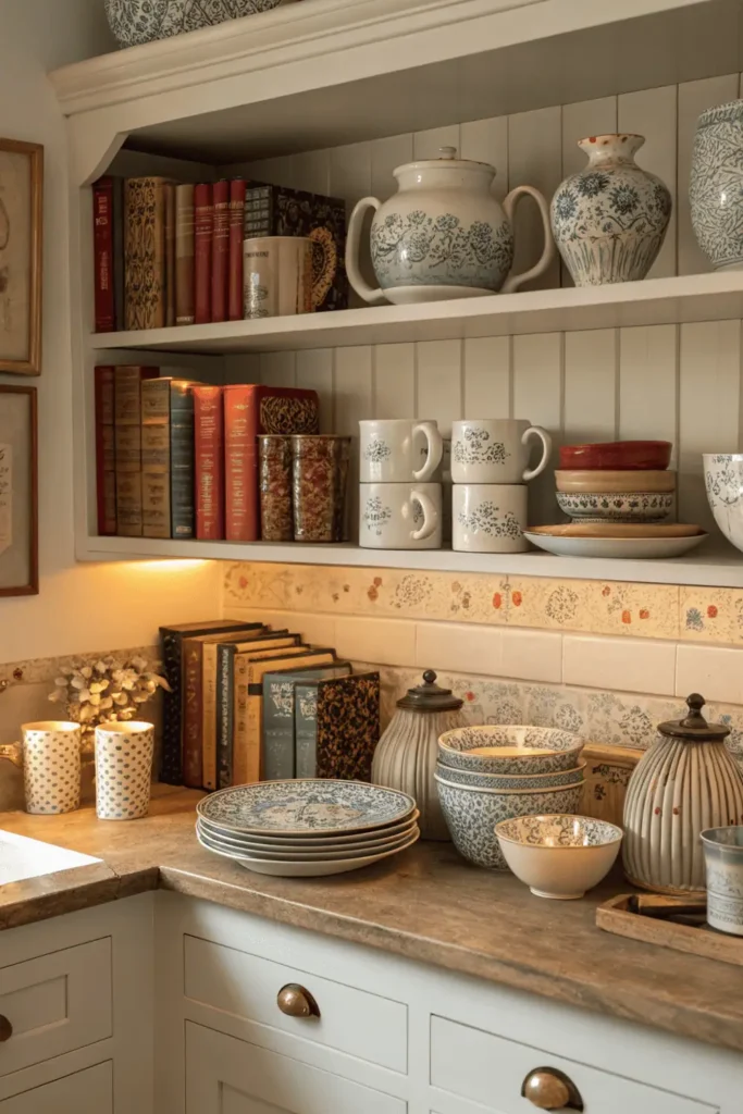 Functional and stylish kitchen shelf with a mix of daily essentials and decor