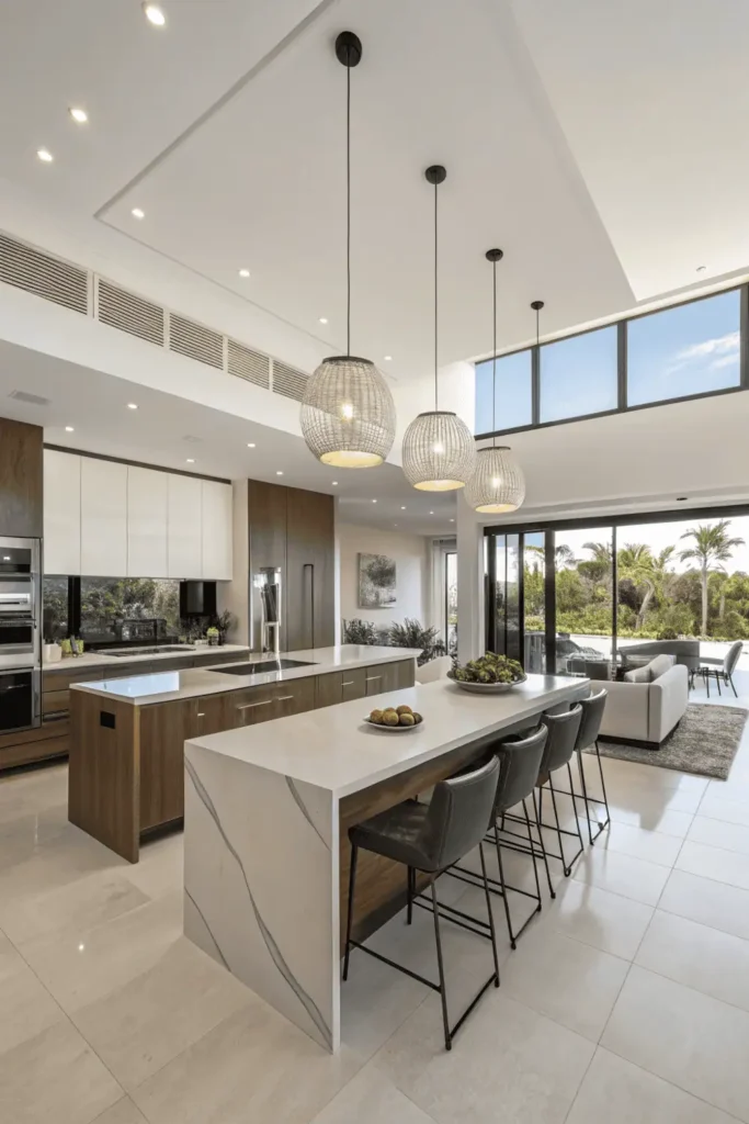 Open concept modern kitchen with island and pendant lights.