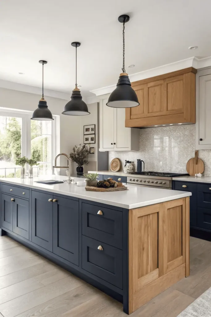 Two-tone modern kitchen cabinets in navy blue and natural wood.