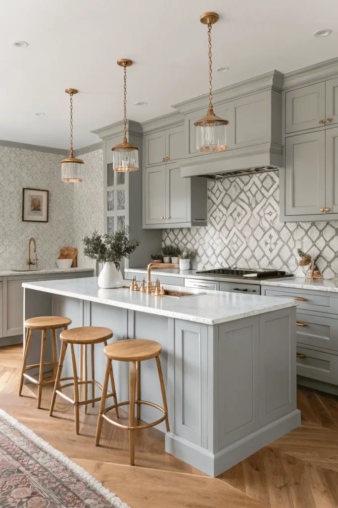 Modern kitchen with gray cabinets, marble countertop, and brass accents
