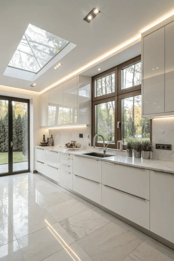 High-gloss white modern kitchen cabinets reflecting natural light.