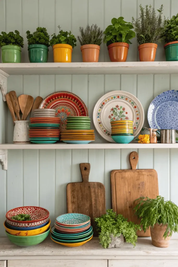 Kitchen shelf decorated with colorful dishes, wooden accents, and plants