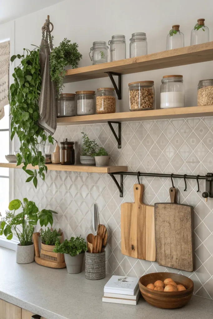 Kitchen wall with open shelves, backsplash, and decorative storage