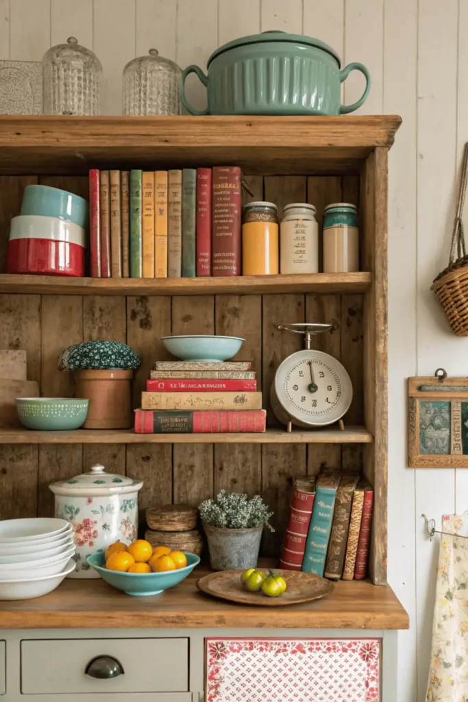 Kitchen shelf styled with cookbooks and decorative jars