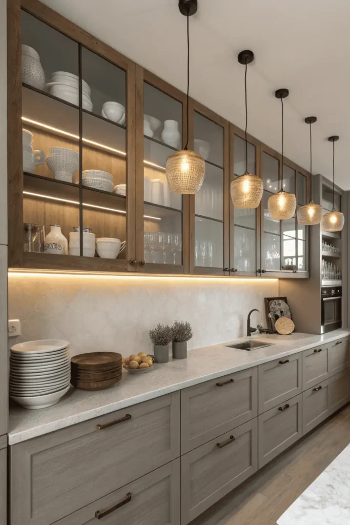 Modern kitchen with glass-front cabinets and wooden open shelving.