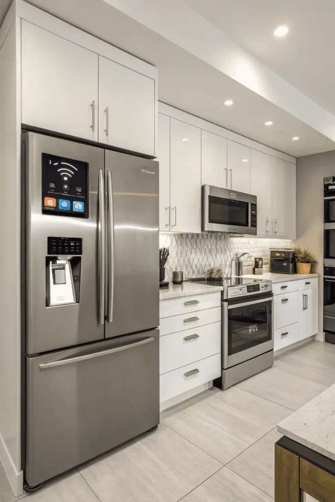Smart appliances in modern kitchen including Wi-Fi refrigerator.
