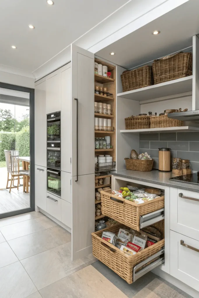 Kitchen with pull-out drawers, hidden organizers, and floating shelves
