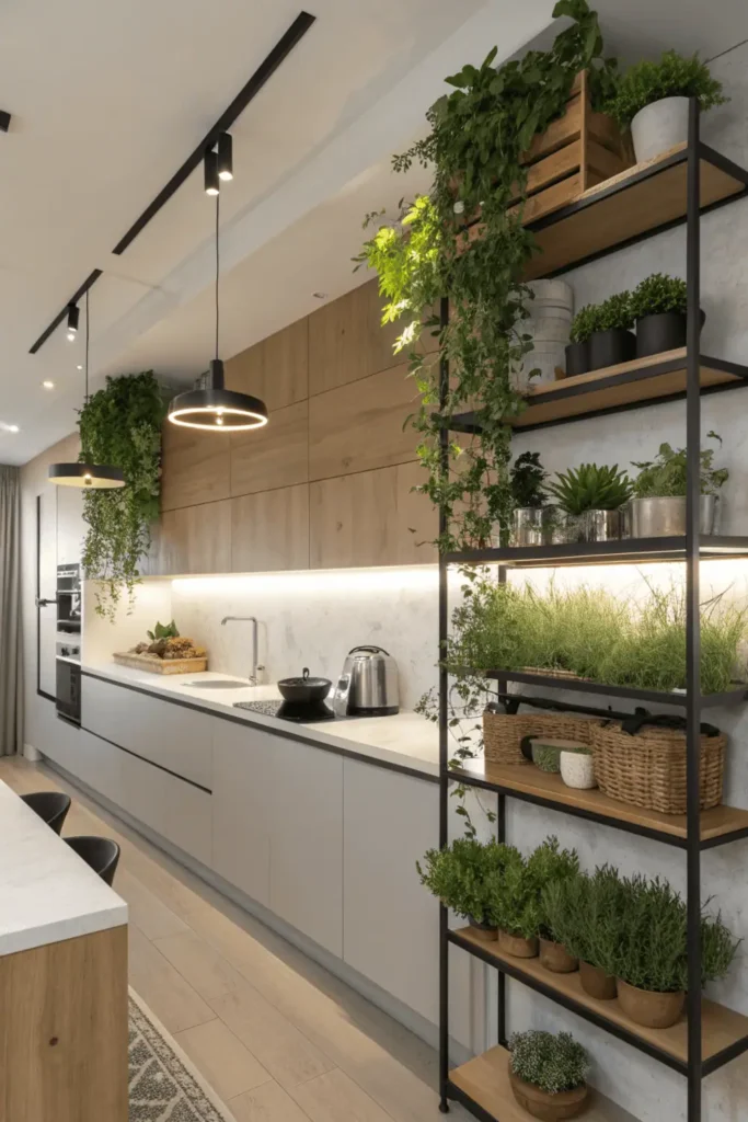 Kitchen shelves with greenery, herbs, and hanging plants