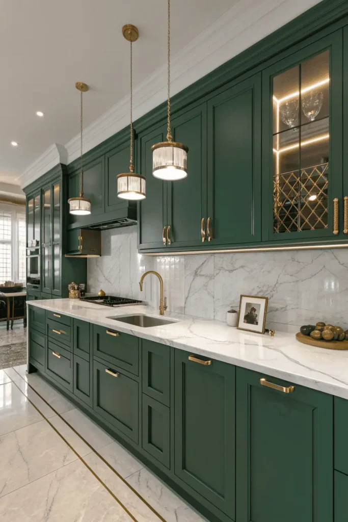 Modern kitchen with bold emerald green cabinets and gold handles