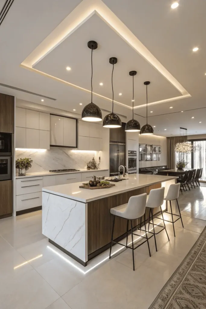 Pendant lights and layered lighting in a modern kitchen.