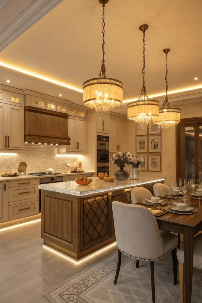 Kitchen with pendant lights, LED strips, and chandelier for mood lighting