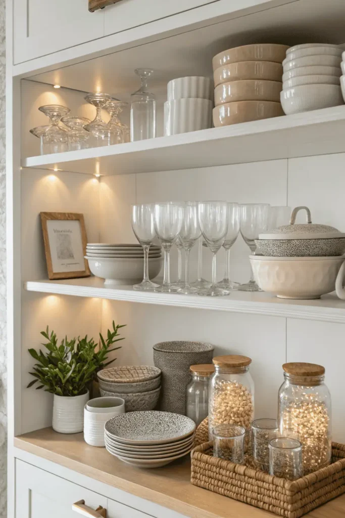 Glassware and ceramic kitchen shelf decor arrangement