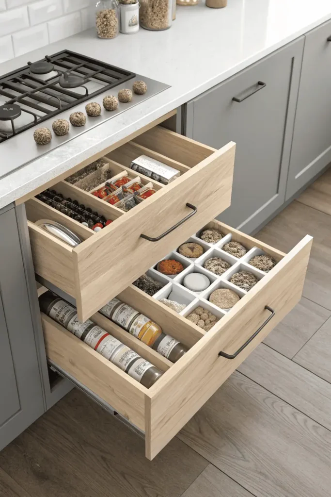 Modern kitchen cabinet with pull-out spice rack and drawer organizers.