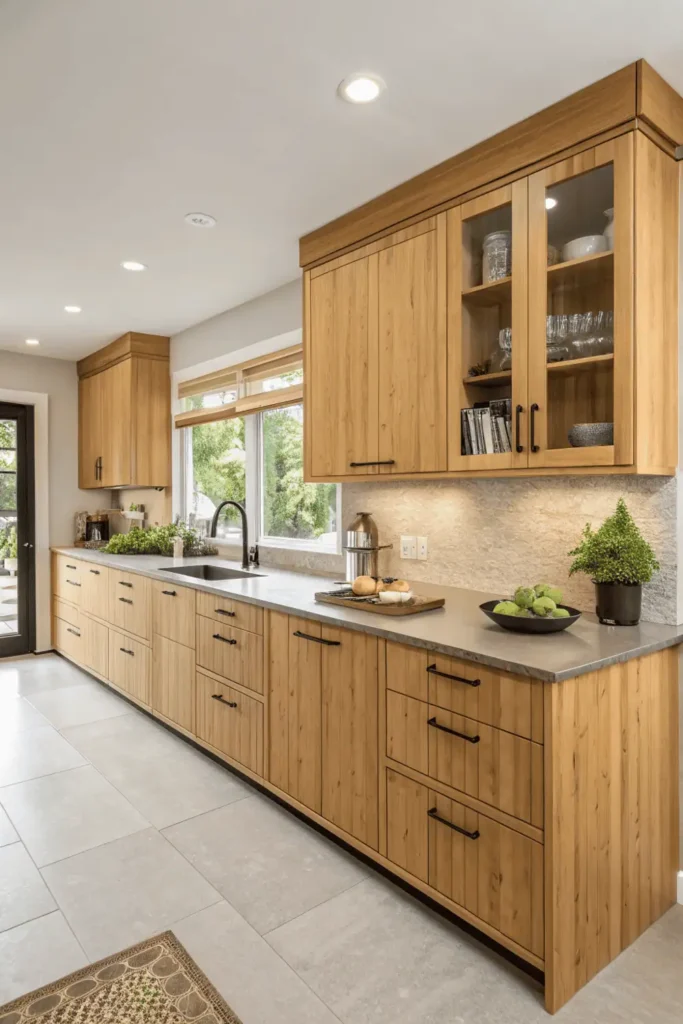 Eco-friendly modern kitchen with bamboo cabinets and recycled counters.