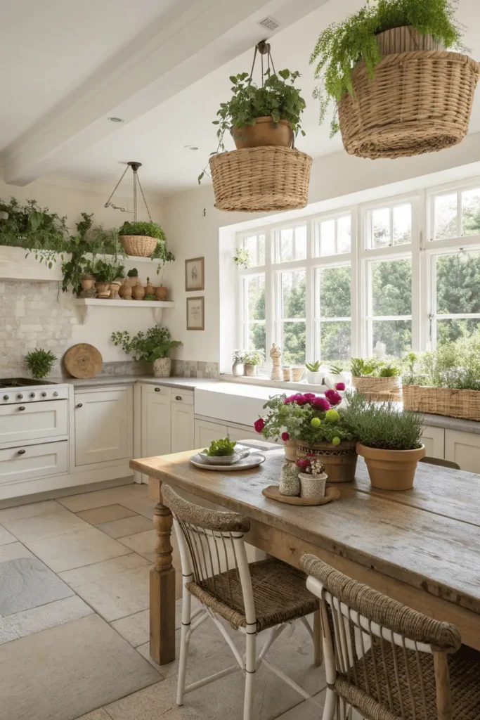 Kitchen with potted herbs, hanging plants, and natural wood accents