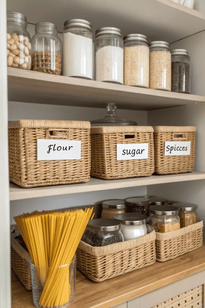 Kitchen shelf decorated with storage baskets and labeled jars