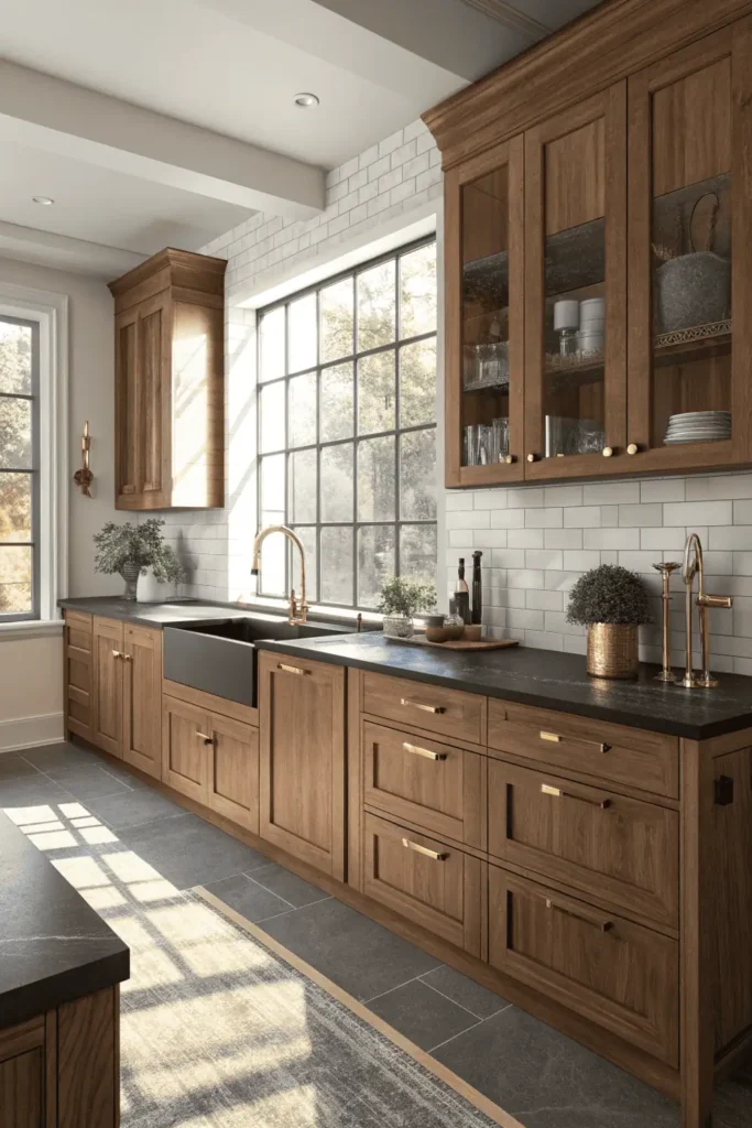 Modern walnut wood kitchen cabinets with matte black countertop