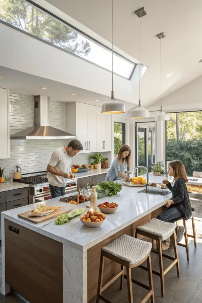 Family-friendly modern kitchen design with island and seating.
