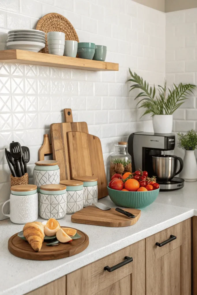 Kitchen counter with cutting boards, utensil jars, fruit bowl, and coffee machine