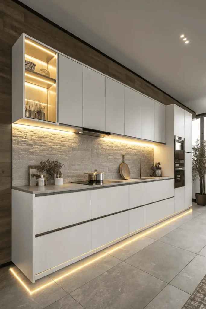 Floating modern kitchen cabinets with under-cabinet lighting.