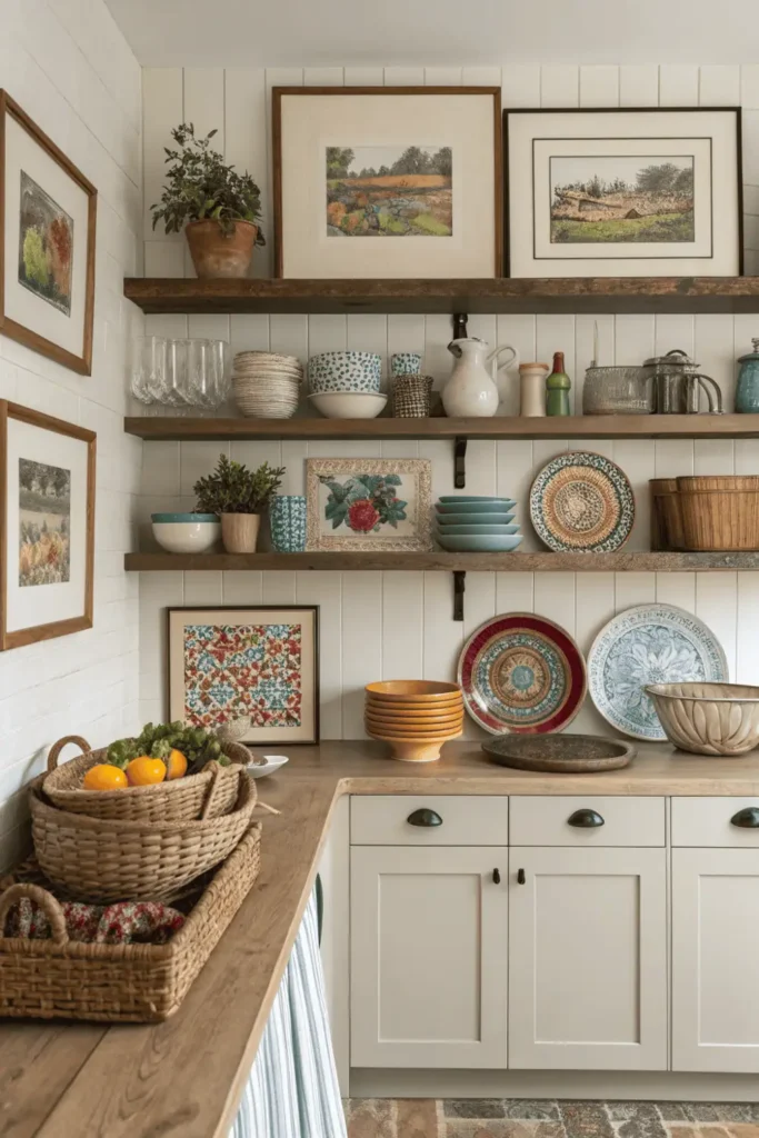 Kitchen shelves decorated with framed art and plates