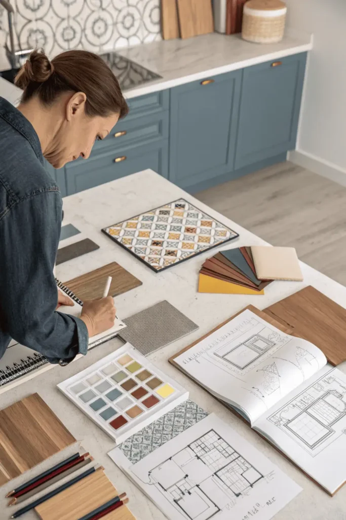 Kitchen design planning with color palettes and materials.