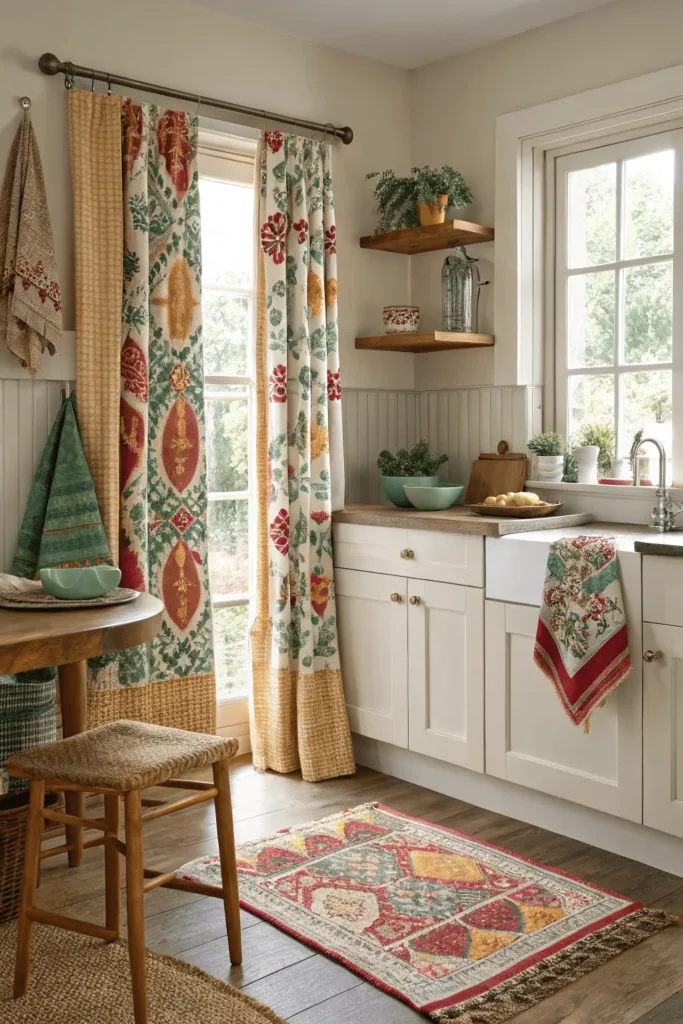 Kitchen with patterned curtains, linen towels, rug, and fabric cushions