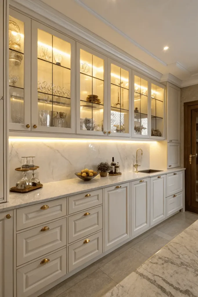 Modern kitchen cabinets with LED strip lighting under shelves.
