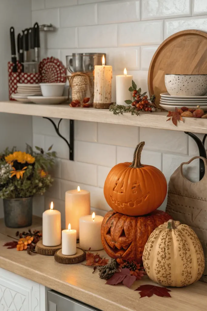 Seasonal kitchen shelf decor with autumn pumpkins and candles