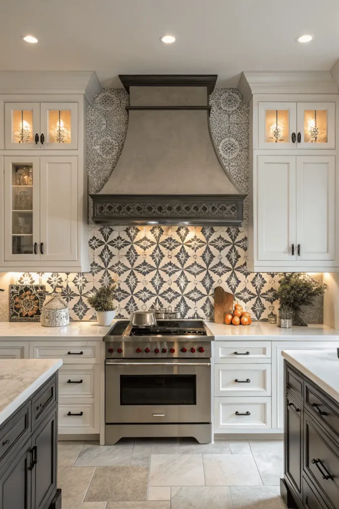Kitchen with patterned tile backsplash and stylish range hood as focal point