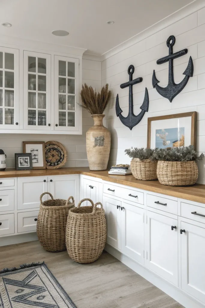 Kitchen cabinet tops decorated with large anchor pieces such as oversized baskets, a tall vase, and framed artwork, creating a bold focal point and avoiding clutter.