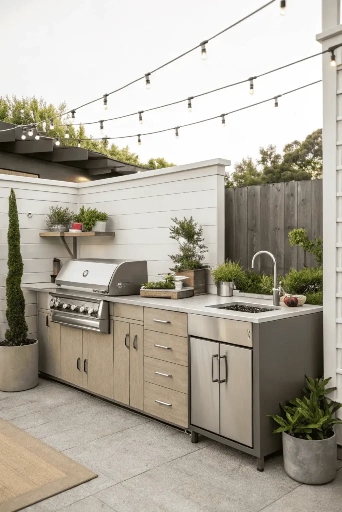 Compact outdoor kitchen with an all-in-one modular unit combining a grill, sink, storage, and counter space in a single design, perfect for small backyards.