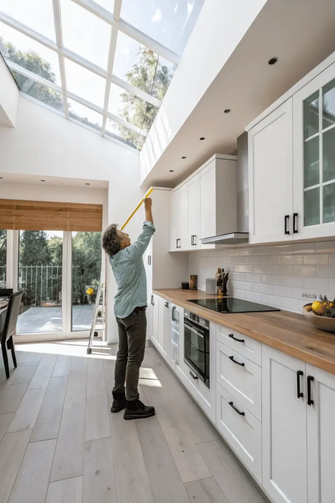Person measuring the space between kitchen cabinets and ceiling with a tape measure to plan suitable decor for the area above cabinets.