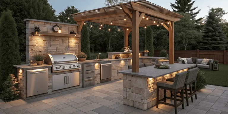 Realistic backyard outdoor kitchen with stainless steel grill, stone counters, pergola, and seating area for entertaining.