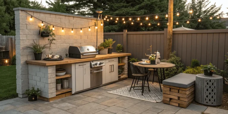 Affordable outdoor kitchen setup with grill, wooden counter, and string lights in backyard.