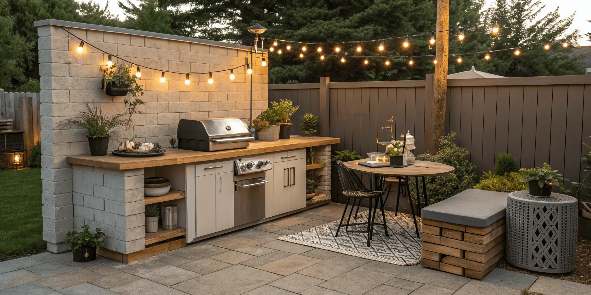 Affordable outdoor kitchen setup with grill, wooden counter, and string lights in backyard.